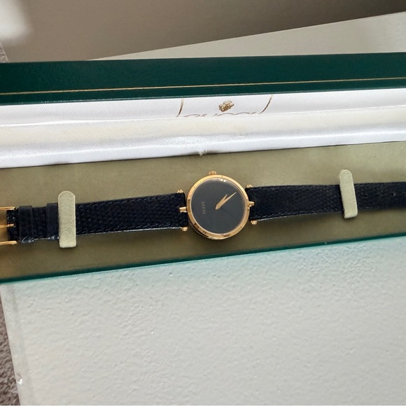 Gucci Black and Gold Slim Leather Strap Watch